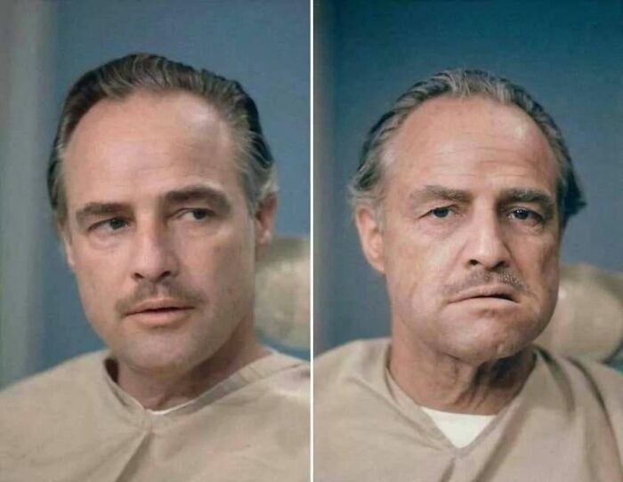 Marlon Brando Before And After Getting His Make Up Done To Be Don Vito Corleone
