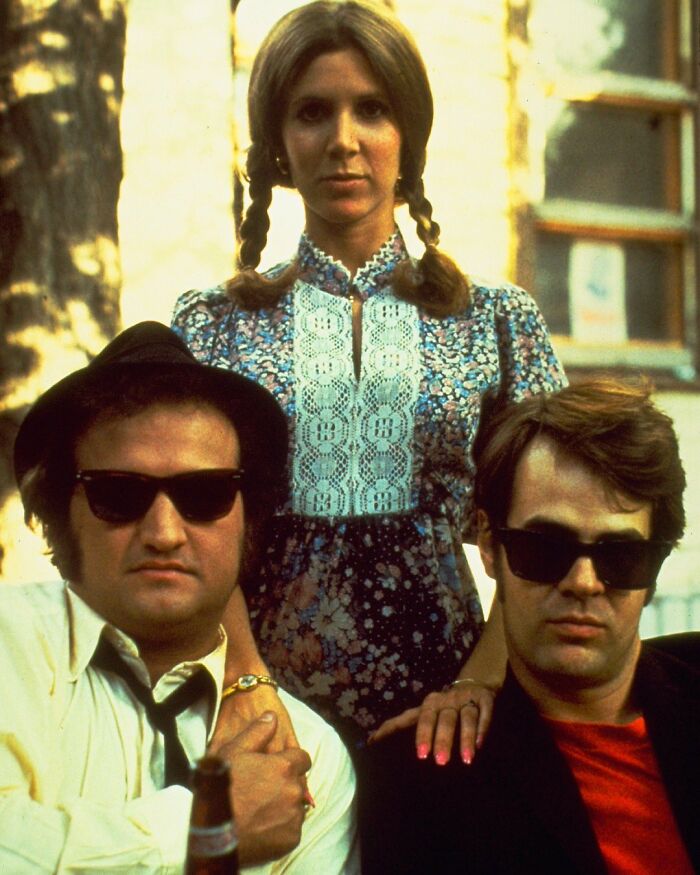 John Belushi, Carrie Fisher And Dan Aykroyd On The Set Of The Blues Brothers, 1980